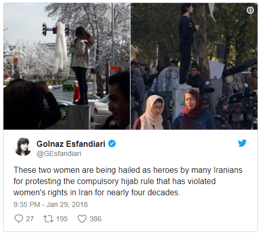 골나즈 에스판디아리의 트위터 캡처"이 두 여성은 많은 이란인들에게 영웅으로 여겨지며 무려 40년 동안이나 여성의 권리를 침해하는 히잡의 강요에 대해 저항하는 모습을 보여주었다"