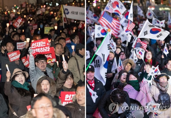 박근혜 대통령 탄핵심판 선고를 하루 앞둔 지난해 3월 9일 오후,서울 헌법재판소 인근에서 열린 탄핵을 촉구하는 촛불집회(왼쪽)와 탄핵 기각을 촉구하는 태극기 집회의 모습