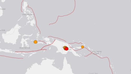 26일부터 잇따라 강진이 일어난 파푸아뉴기니 지진 발생 지점 [미국지질조사국 홈페이지 캡처]