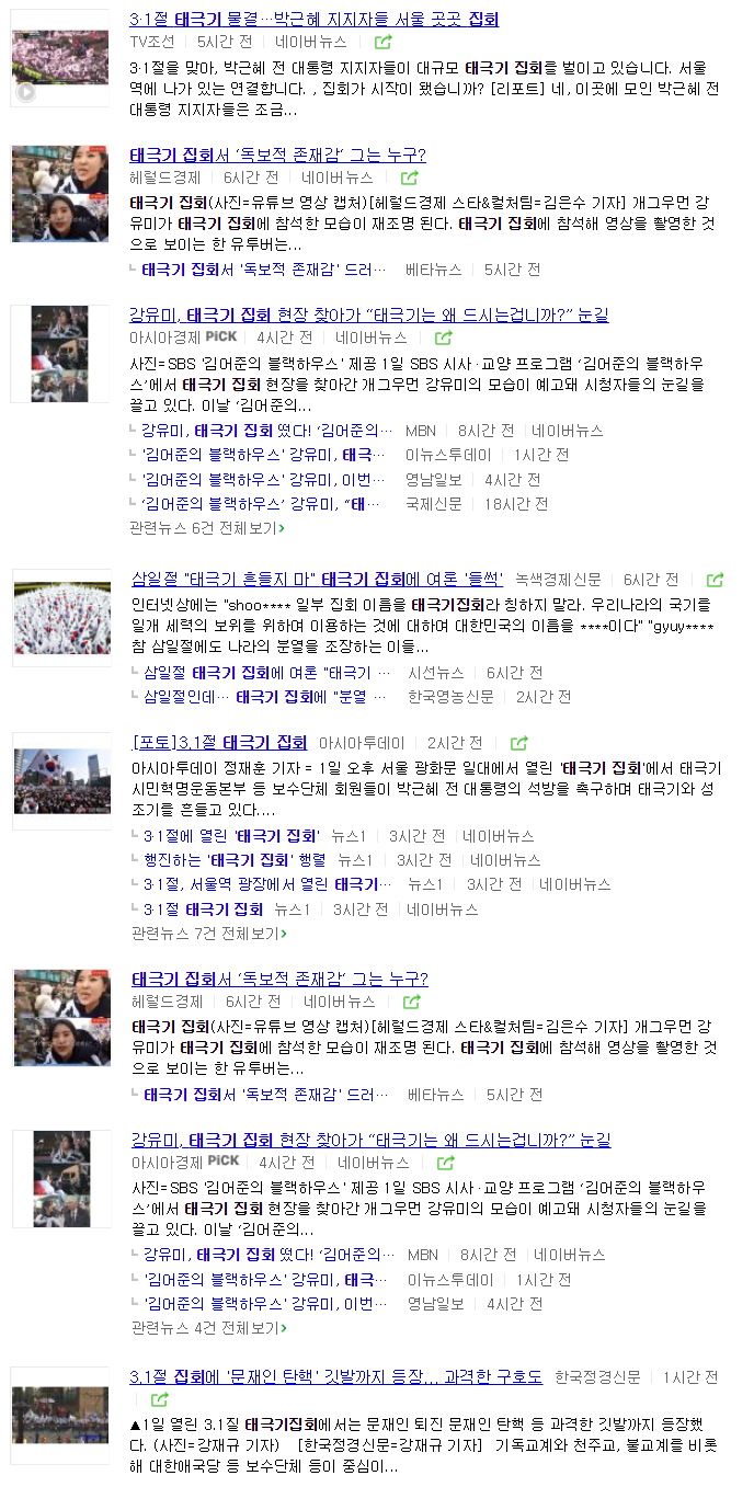 포털 네이버 '태극기집회' 검색 결과 일부(1·2페이지 참고)