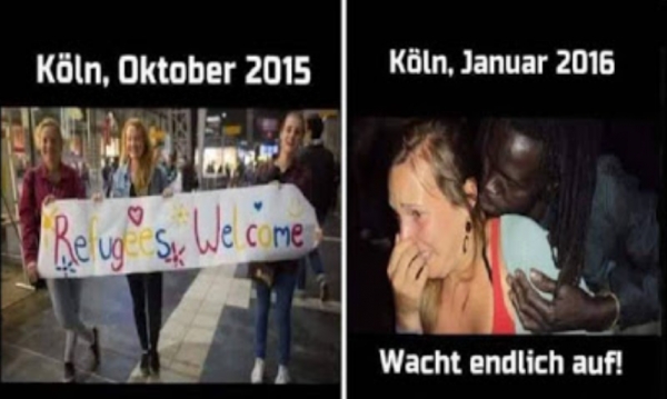 '쾰른 2015년 10월(독일 여성들이 '난민을 환영합니다'라는 현수막을 들고 서 있다)'(좌), '쾰른 2016년 1월'(우) [구글 캡처]