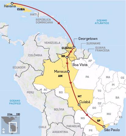 쿠바 난민들의 브라질 입국 경로 [브라질 외교부 웹사이트-연합뉴스 제공]
