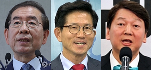 (왼쪽부터) 6·13 지방선거에서 서울시장직을 놓고 겨루게 된 더불어민주당 박원순·자유한국당 김문수·바른미래당 안철수 후보.