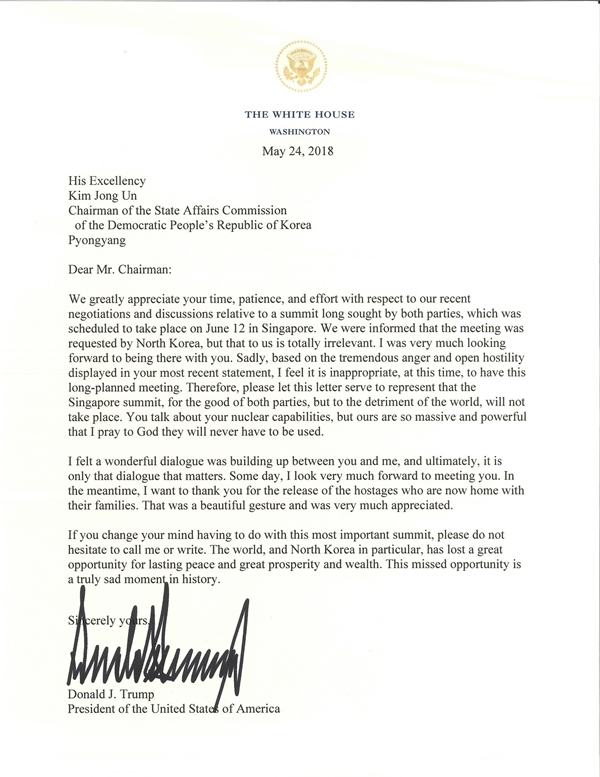미국 백악관에 게재된 트럼프 대통령이 김정은에 보낸 서한.