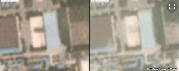 지난달 30일(6/30/2018. 왼쪽)과 지난 20일(7/20/2018) 각각 촬영한 북한 평성 '3월16일' 자동차 공장 위성 사진. 20일 사진에서는 대륙간탄도미사일 조립시설이 사라진 것을 확인할 수 있다(VOA).