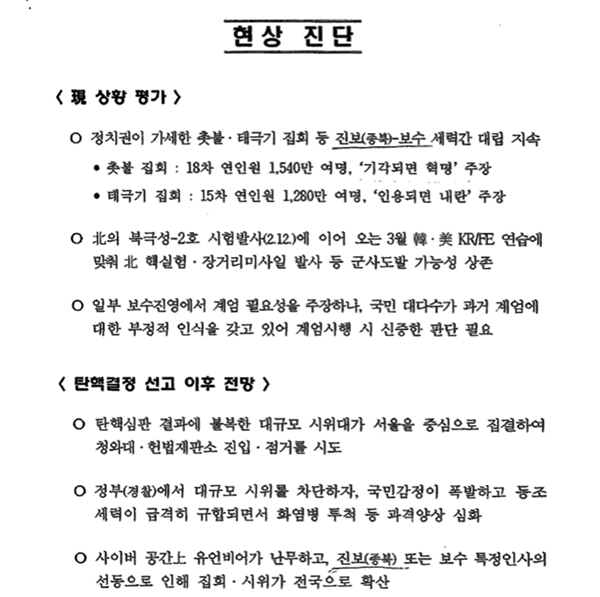 '전시계엄 및 합수업무 수행방안' 문건을 통해 드러난 국군기무사령부의 2017년 3월 박근혜 대통령 탄핵 직전 상황 인식.