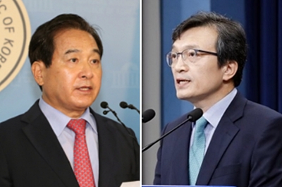 (왼쪽부터) 심재철 자유한국당 의원, 김의겸 청와대 대변인(사진=연합뉴스)