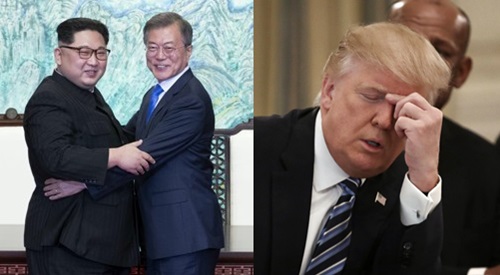 (왼쪽부터) 친밀감을 과시하는 김정은 북한 국무위원장과 문재인 대통령, 도널드 트럼프 미국 대통령.(사진=연합뉴스 등)