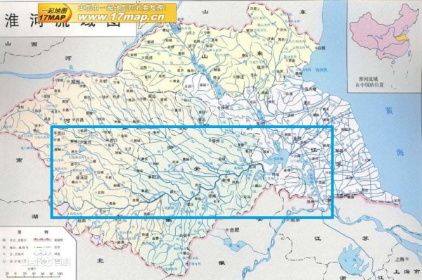 회하유역(푸른색 사각형), 하남, 안휘, 강소에 이르는 1000킬로미터 이상의 방대한 지역이다. 회수로 흘러드는 수많은 지류가 실핏줄처럼 이어진다.