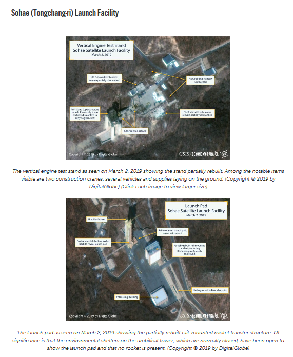 CSIS는 5일 북한이 하노이 정사회담 후 서해 동창리 미사일 발사장의 재건을 시작했음을 보여주는 인공위성 사진 분석 결과를 발표했다.