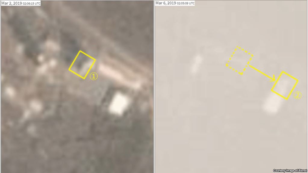 지난 3월 2일과 6일 각각 촬영한 북한 동창리 발사장 위성사진. 미세먼지 때문에 화질이 좋지 않지만 2일 발사장 중심부(1)에 있던 조립건물이 6일 80~90m 동남쪽 원래 위치(2번)로 옮겨진 것을 확인할 수 있다. 사진 제공: 플래닛 랩스(Planet Labs).