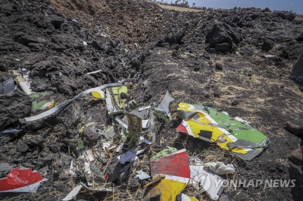 에티오피아서 추락한 보잉 737 맥스 잔해 [연합뉴스 제공]