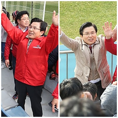 붉은색 점퍼 차림으로 지지를 호소하고 있는 황교안 자유한국당 대표(左), 진행요원으로부터 점퍼 탈의 요청을 받고 평복으로 환복한 황교안 대표. (사진=연합뉴스)