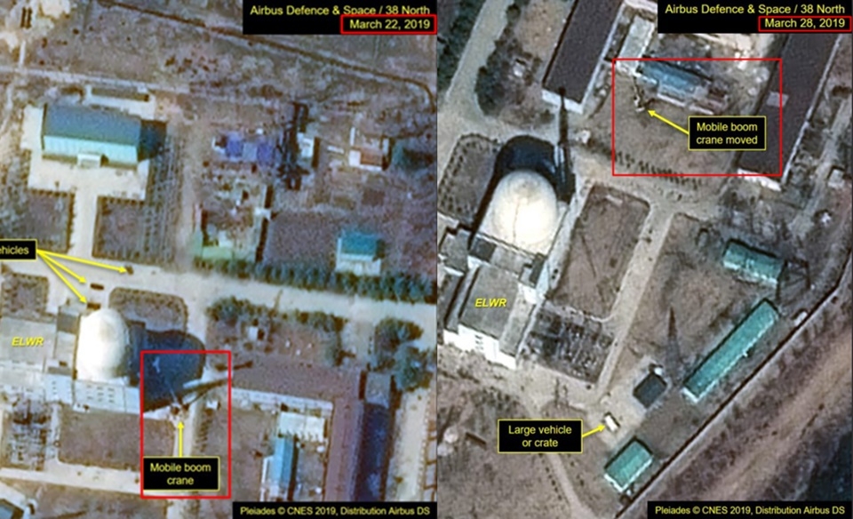 38노스는 5일(현지시간) 지난달 촬영된 북한 영변 핵단지 위성 사진 분석을 통해 경수로 인근에서 지난달 19일에는 관측되지 않았던 크레인 붐이 22일(사진)에는 관측됐다가 28일에는 다른 건물로 이동했다고 밝혔다.(사진=38노스 홈페이지 캡처)
