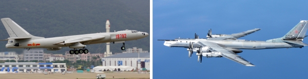 중국 H-6 폭격기(좌)와 러시아 TU-95 폭격기(우). (사진 = 위키백과 캡처)