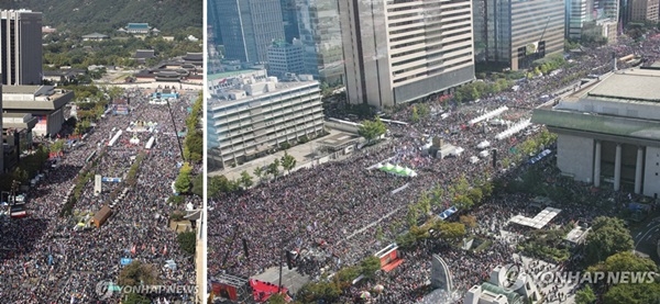 10월9일 오후 3시 전후 촬영된 것으로 보이는 서울 광화문광장 일대 대규모 인파.(사진=연합뉴스)