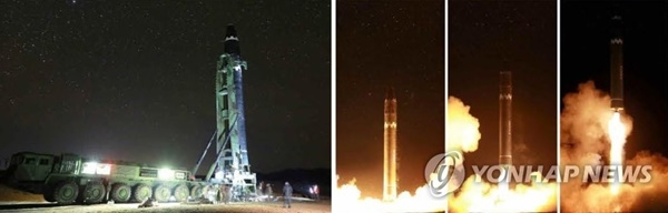 북한이 지난 2017년 11월29일자 조선로동당 기관지 로동신문을 통해 공개한 신형 대륙간탄도미사일(ICBM) '화성-15형' 시험발사 모습.(사진=연합뉴스)