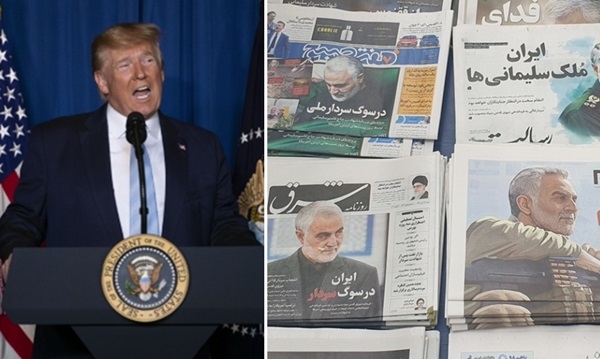 (왼쪽부터) 도널드 트럼프 미국 대통령, 지난 1월3일(현지시간) 이라크에 대한 미군 공습 중 사망한 이란 혁명수비대 쿠드스군 카셈 솔레이마니 사령관의 사망 관련 소식을 4일 일제히 1면 보도한 이란 일간지들.(사진=연합뉴스)