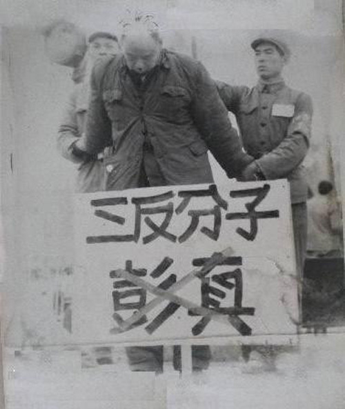 문혁 당시 홍위병 집회에 끌려나가 "비투"(비판투쟁) 당하는 팽진의 모습. 그의 목에 "삼반분자(三反分子) 팽진"이라는 팻말이 걸려 있다. 여기서 삼반이란, "反당,  反사회주의,을 의미한다.