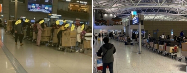 인터넷상에서 '중국인 인천공항 마스크 반출' 사례로 지목되며 올라오고 있는 사진들. (사진 = 온라인 커뮤니티 캡처)