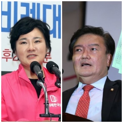 조수진 미래한국당 대변인(左), 민경욱 미래통합당 의원. (사진=연합뉴스)