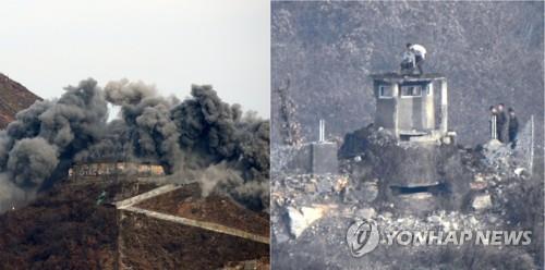 지난 14일 폭파되는 남북연락사무소(좌)와 북한군 측 GP.(사진=연합뉴스)