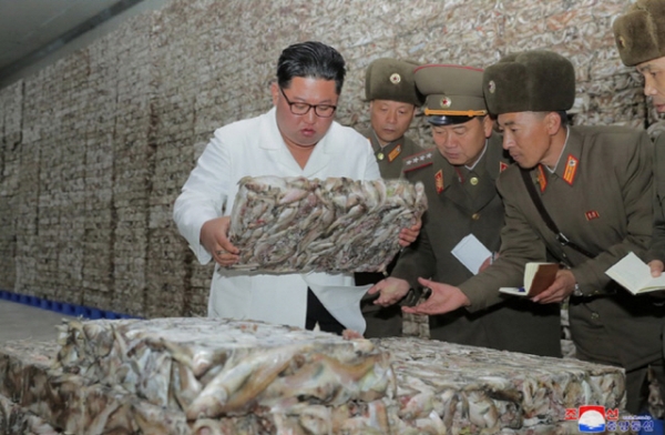 북한 김정은이 지난해 8월25일 간부들과 수산사업소를 둘러보는 모습.(사진=연합뉴스)