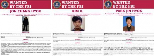 미국 연방수사국(FBI)은 17일 북한의 정보기관인 정찰총국 소속 전창혁(31), 김일(27), 박진혁(36) 얼굴이 담긴 공개수배 전단지를 공개했다.(사진=RFA)