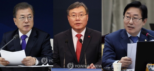 왼쪽부터 문재인 대통령, 신현수 민정수석, 박범계 법무부 장관.(사진=연합뉴스)