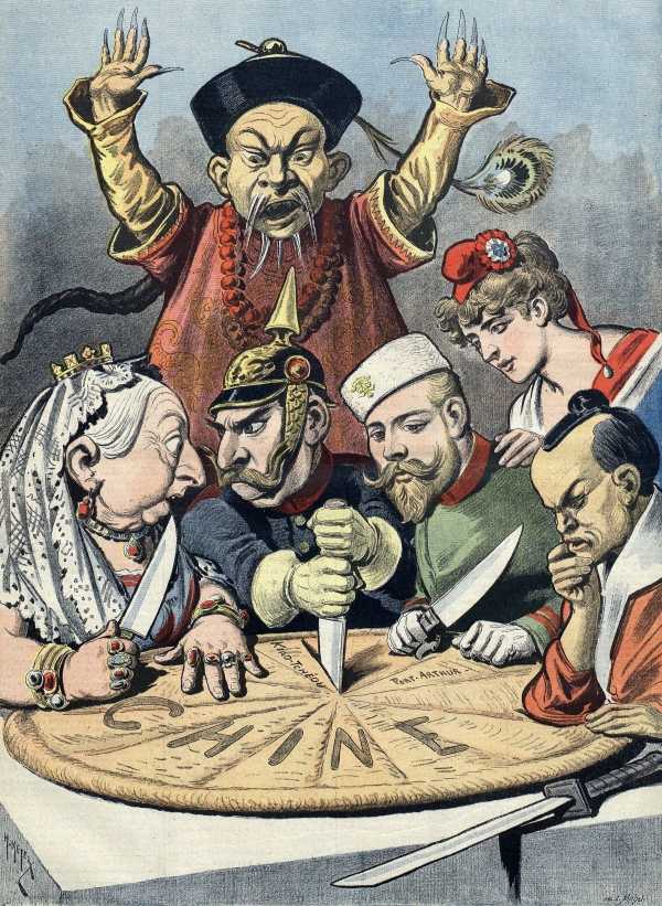 1898년 프랑스의 한 잡지에 실린 그림으로 "En Chine, Le gâteau des Rois et... des Empereurs(중국에 대해, 왕과 황제들의 파이)"라는 제목으로 19세기 말 열강에 의한 중국 분할을 보여주고 있다.