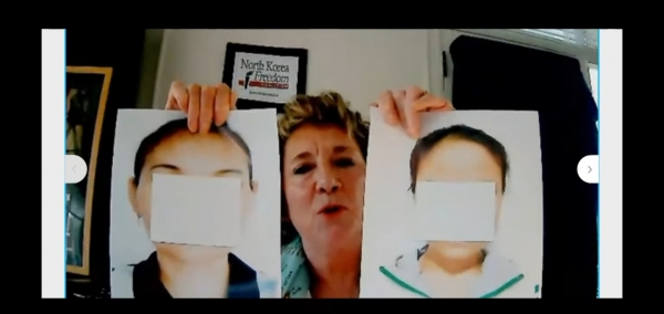 수잔 숄티 대표가 15일(현지시간) 톰 랜토스 인권위원회 청문회에서 문재인이 아무 것도 하지 않아 중국에서 인신매매단에게 되팔린 두 자매의 사진을 보여주고 있다.