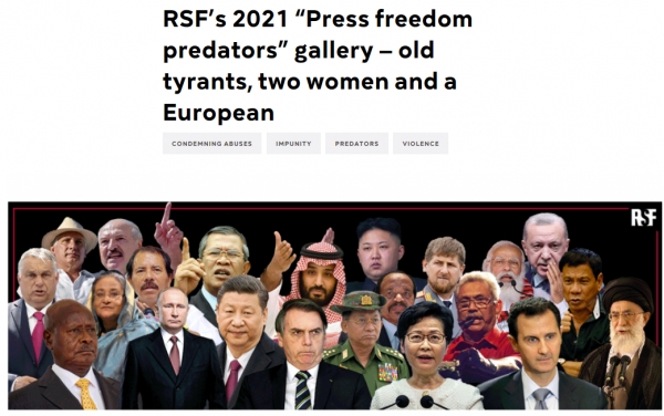 국경없는 기자회는 5일(현지시간) 전 세계 언론 탄압 지도자인 '언론 자유 약탈자' 37명의 명단을 발표했다(홈 페이지 캡처).