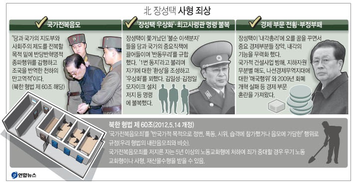 북한이 12일 국가안전보위부 특별군사재판에서 장성택에게 사형을 선고하고, 형을 집행했다. 북한이 밝힌 장성택의 '죄상'을 내용별로 정리했다.2013.12.13(사진=연합뉴스)