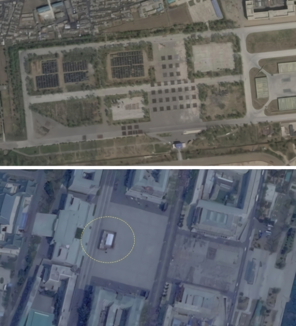17일 촬영된 미림비행장 위성사진(위)에서 1만여명의 병력이 운집돼 있고, 18일 촬영된 김일성 광장 사진(아래)에선 열병식 악단을 위한 천막을 확인할 수 있다고 RFA가 보도했다(사진=플래닛 랩스).