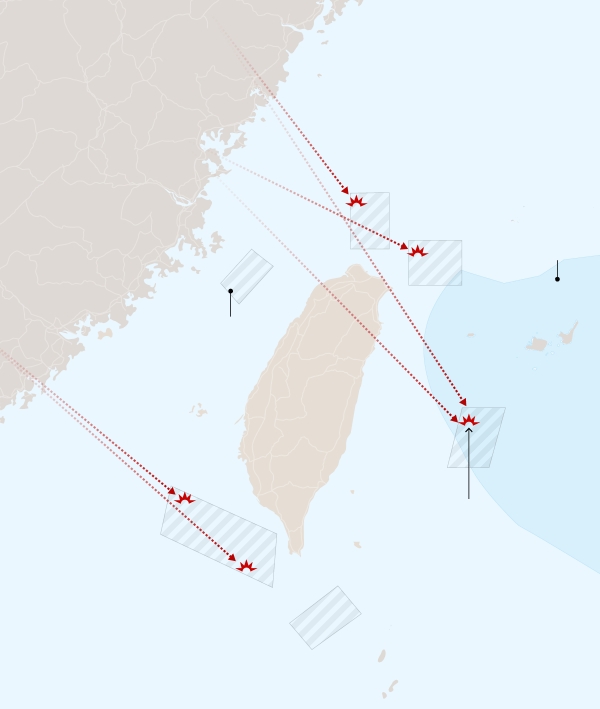 대만 인근 해상 총 6개 구역에서 계획된 중국의 훈련은 일종의 무력시위라고 할 수 있다. 대만 해협에선 군부대를 동원해 훈련이 실시됐으며 타이페이 북부 2곳과 대만-일본 사이 1곳, 가오슝 시 남쪽 해상 2곳에 둥펑 계열 탄도미사일이 발사됐다. 대만 최남단 핑둥현 남쪽 바다에도 탄도 미사일이 발사될 것으로 알려졌으나 아직 관측된 바는 없어 보인다. [사진=뉴욕타임즈, 일본 방위성 제공]