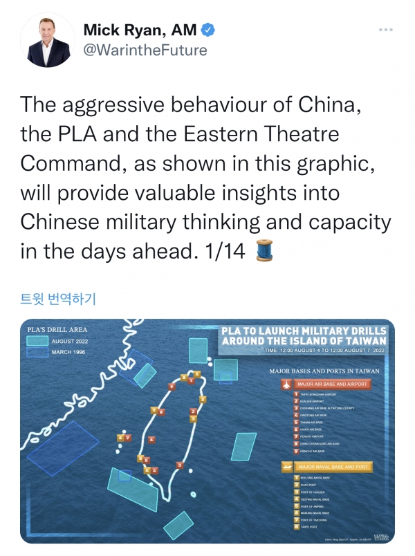 믹 라이언 前 호주군 소장 겸 군사 전략가는 이번 중국의 對 대만 군사 훈련으로 인민해방군의 군사적 이론과 능력을 볼 수 있다고 주장하기도 한다. [사진=트위터]