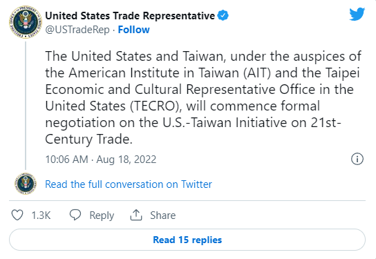 미국 통상대표부가 18일 미국-대만간 통상 협상이 '21세기 교역에 관한 미-대만간 이니셔티브'에 따라 공식적으로 개시될 것이라고 밝혔다. [사진=트위터]