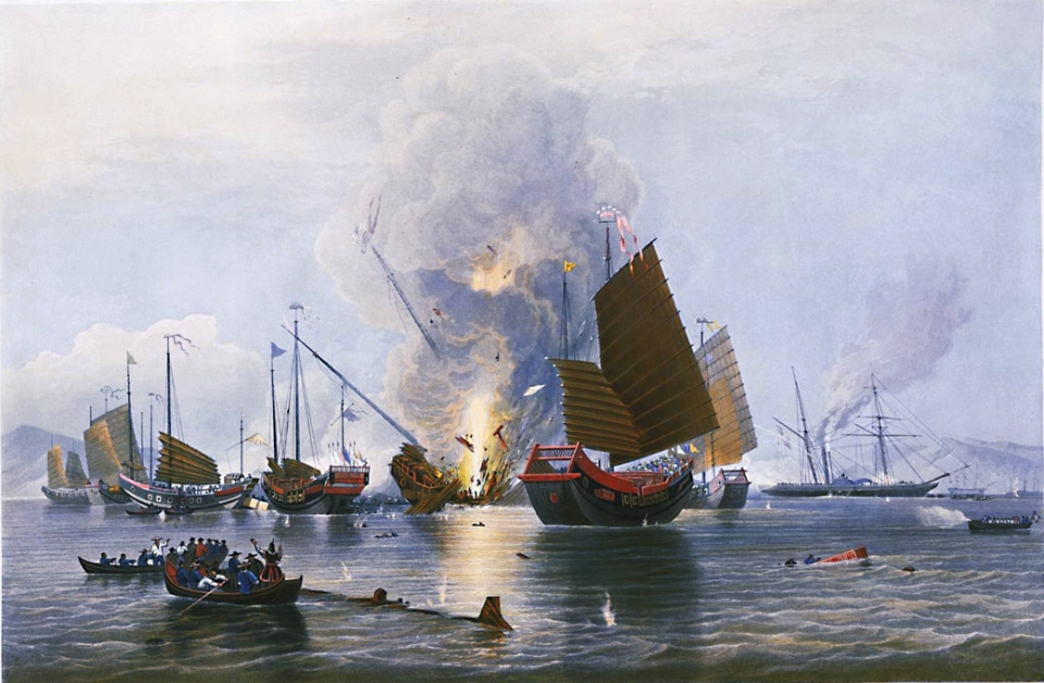 제1차 아편전쟁(1840-42)에서 영국과 청나라간의 해전을 묘사한 그림. 동아시아 '조공체제' 피라미드의 정점에서 패권국으로 군림하던 중국은 영국의 '철갑선'으로 이뤄진 한줌 함대에 처절하게 패배했고, 이로 인해 중화문명의 자존심은 바닥까지 떨어졌다. 중국의 절치부심, 와신상담은 이를 곱씹으면서 이뤄졌다고 할 수 있다.
