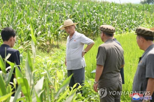 북한 김덕훈(왼쪽 두번째) 내각총리가 염주군 내중농장을 방문했다고 조선중앙통신이 16일 보도했다. 2022.8.16