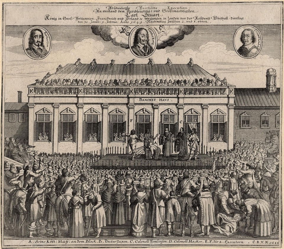 찰스 1세의 처형을 묘사한 그림. 당대 유럽엔 '왕권신수설'이 공유되고 있었으며 점차 절대왕정이 자리잡아가고 있었다. 일개 신하들이 국왕을 처형한단 사실에 유럽 국제사회는 '경악'했다.
