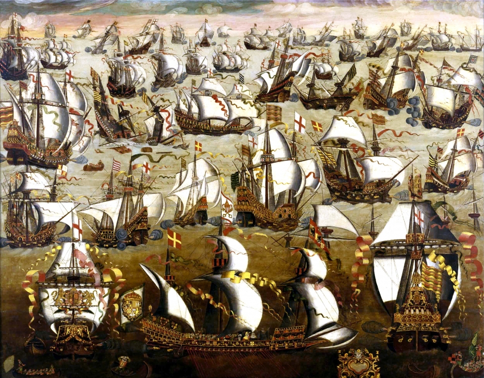 엘리자베스 1세의 잉글랜드 왕국 함대는 당대 최강이라 평가받던 스페인 무적함대 '아르마다'를 격파함으로써 스페인의 침공을 저지할 수 있었다. 이 때 전력을 강화한 영국 해군이 바탕이 돼 대영제국 해군으로 성장할 수 있었다. 당시의 해상전 기록화.