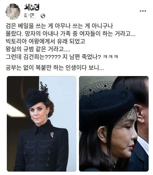 어느 야권 지지자가 김 여사의 베일 모자 착용을 비난한 글. 이 지지자는 잘못된 정보를 접해놓고 그를 진리처럼 받아들이는 모습을 확인할 수 있다. "몰랐다"란 발언을 통해 이를 확인할 수 있다. [사진=페이스북]