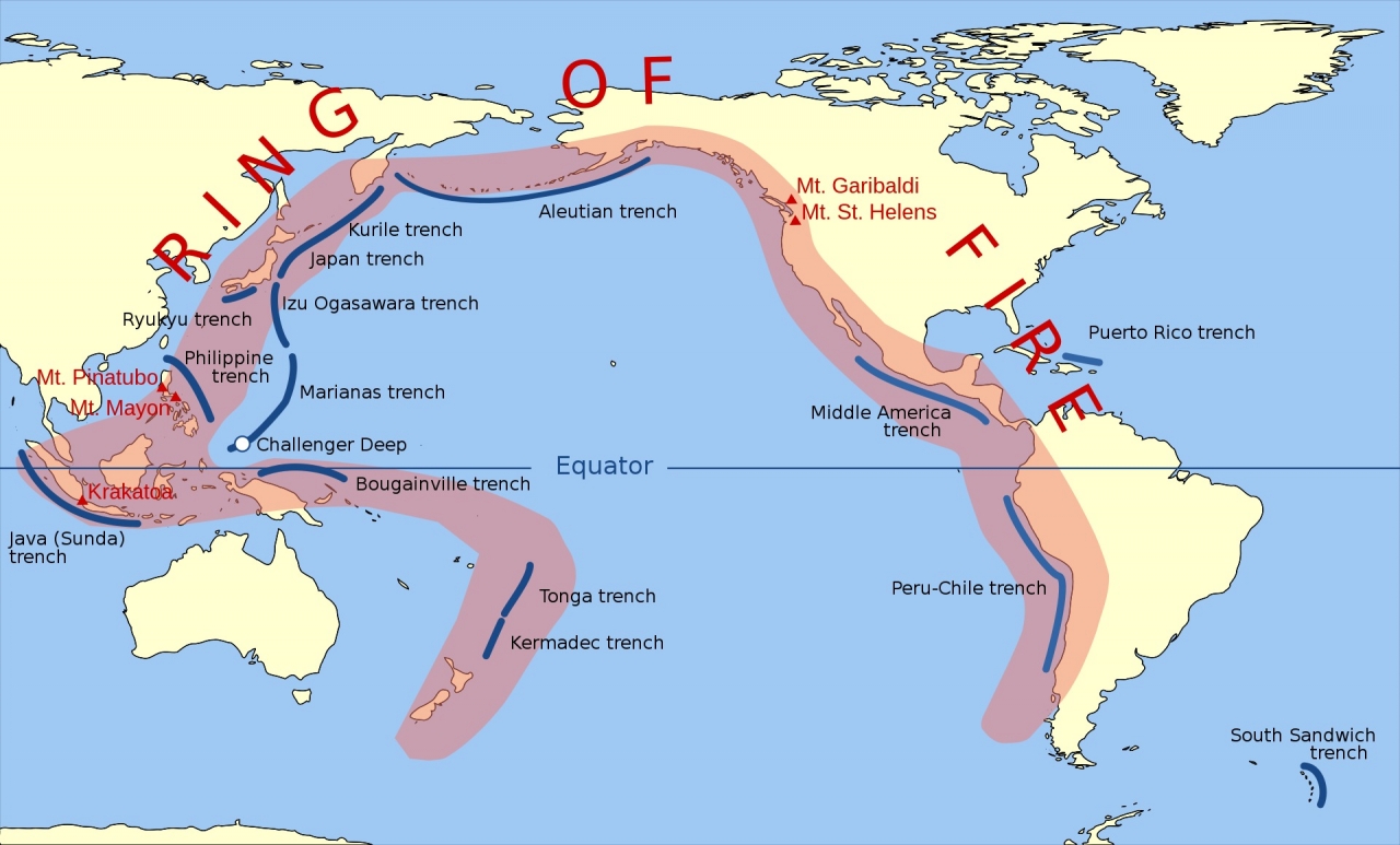 '불의 고리(Ring of Fire)' 지대를 나타낸 지도. 2개 이상의 판이 만나 화산 및 지진 등 지각 활동이 활발하게 일어나는 지점들을 이었을 때 고리 모양이 되기에 이러한 이름이 붙었다. 여기엔 일본, 미국, 인도네시아, 멕시코, 칠레, 페루 등 태평양 연안 여러 국가들이 포함된다.