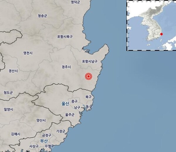 30일 오전 4시 55분께 규모 4.0 지진이 발생한 경북 경주시 동남동 19㎞ 지점. [기상청 홈페이지 캡처]