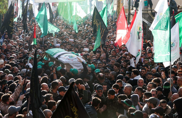 베이루트 무인기 공격 사망자 장례식. [로이터연합]