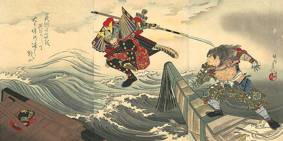단노우라 전투에서 미나모토노 요시쓰네가 나기나타를 엽구리에 끼고 적선에서 자기 편 배로 바다 위를 뛰어 되돌아가는 장면을 그린 기록화. [출처=인터넷 검색]